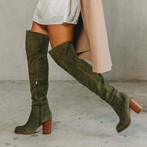 Kelsi Dagger Brooklyn Logan Over The Knee Boots Size 7 Olive Green Suede Leather - Picture 3 of 4